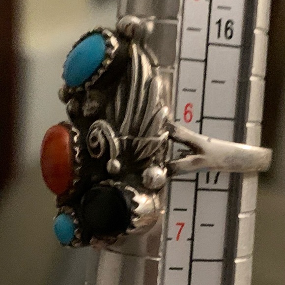 Navajo Turquoise Coral Onyx Ring ~ - Picture 4 of 8